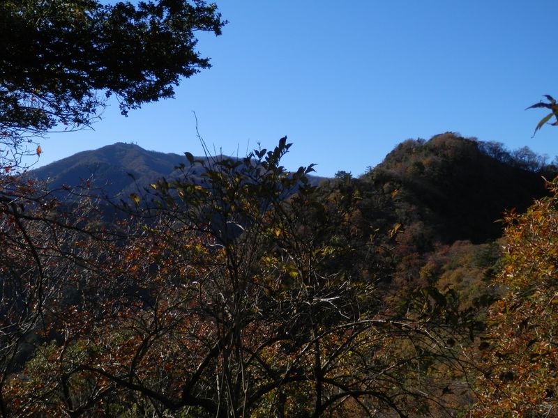 中弁天より、大山（左）と弁天見晴（右の峰の左肩）を望む