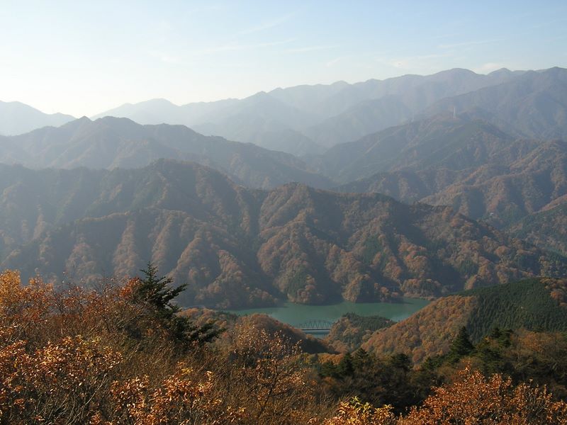 遠方に丹沢表尾根、中央右よりに塔ノ岳、右奥に丹沢山、不動ノ峰