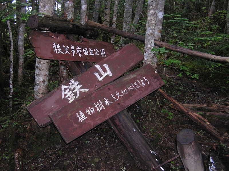 金峰山 -- 鉄山への道は通せんぼされ、道標は倒れていた