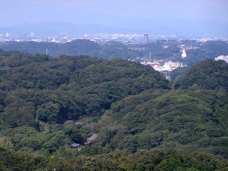 衣張山頂より、大船観音（右）を望む