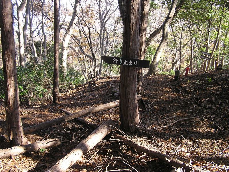 経ヶ岳・華厳山・高取山 -- 行き止まりの表示の向こうに、現在の登山道を示す道標