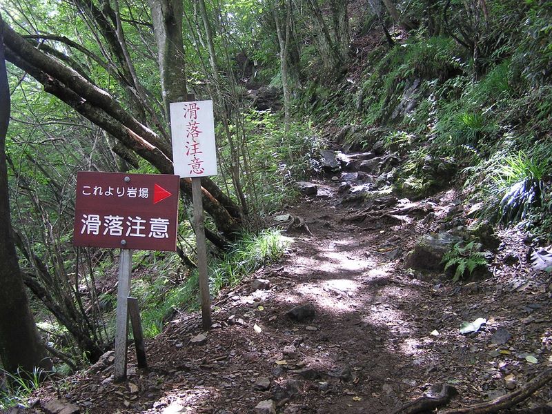 御岳平から大岳山 -- 大岳山荘の手前で、登山道が狭く、岩が濡れている