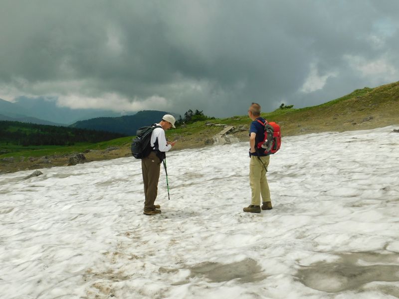 残雪の下に木道