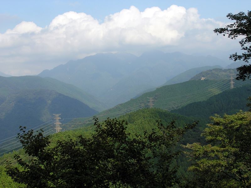 檜洞丸（上中央Ｖ字谷の左の峰）と蛭ヶ岳（同右）