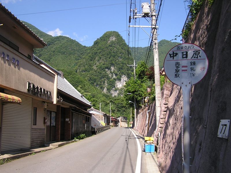 鷹ノ巣山 -- 中日原バス停から稲村岩を望む