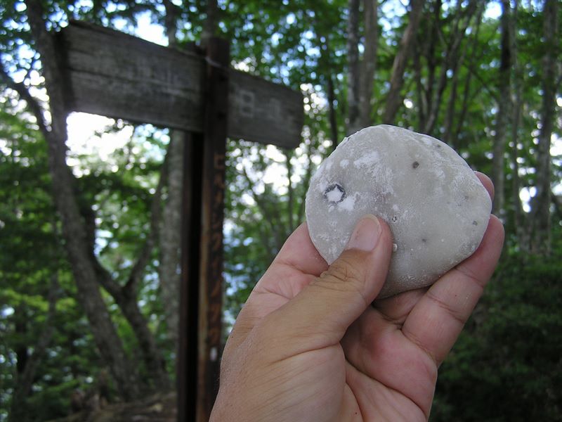 鷹ノ巣山 -- ヒルメシクイノタワで行動食の豆大福を食べる