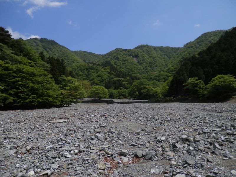 鍋割山稜を眺めながら、鍋割沢を渡る